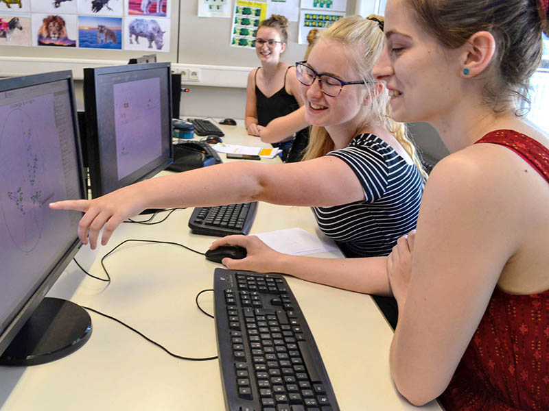 Schülerinnen am Rechner bei Projektarbeit Corporate Design am Technischen Gymnasium